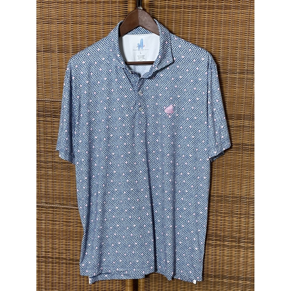 Johnnie-O Featherweight Polo Shirt Mens Large Blue Fan Print UPF 50 Stretch Golf
